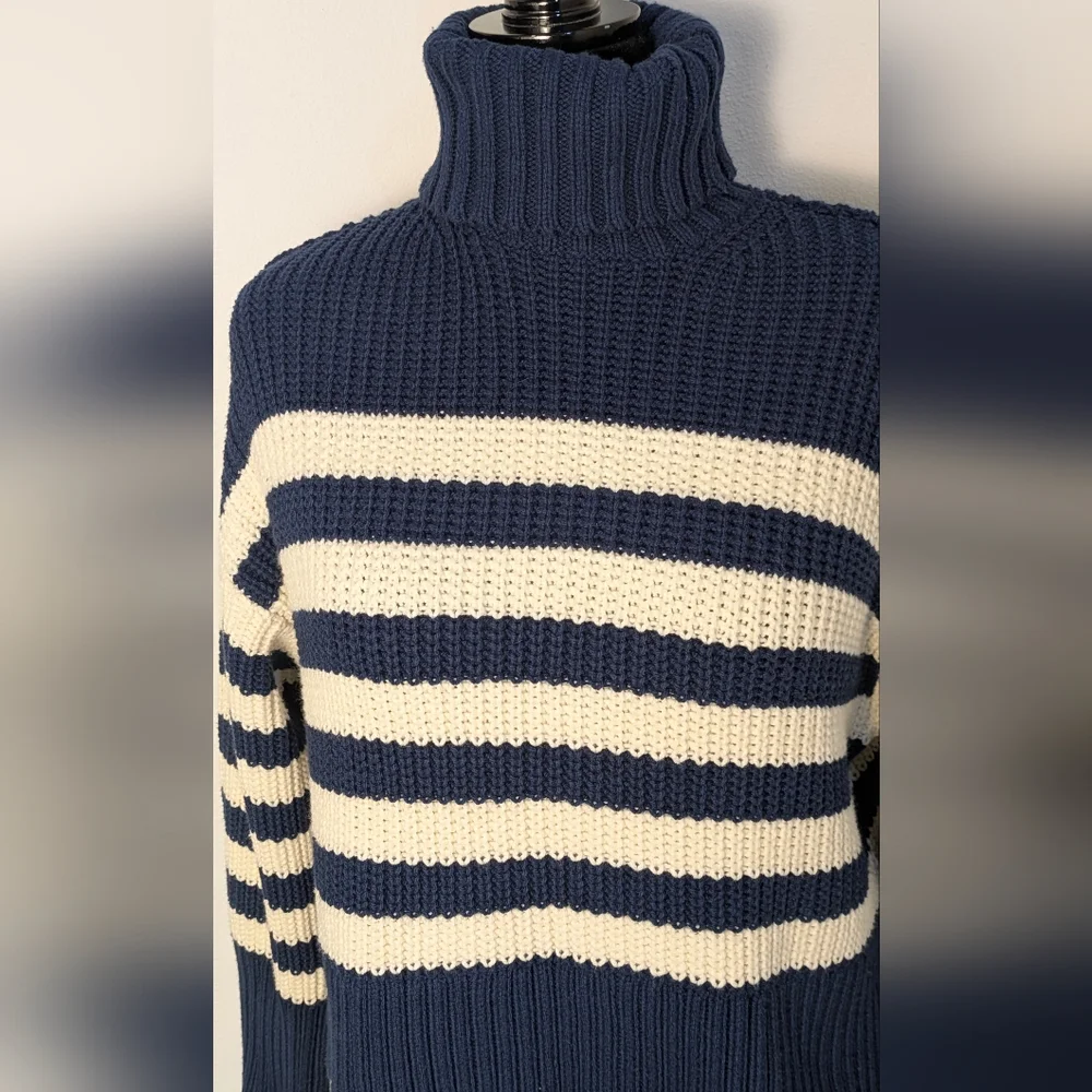 Madewell Wide Rib Turtleneck Crop Sweater New Sz S Oversized Striped Blue Cream - Picture 5 of 13